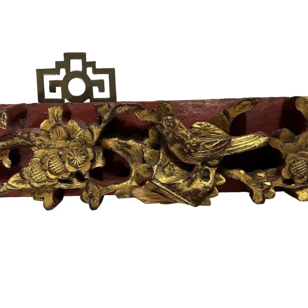 Antique Chinese Gold Leaf Carved Wood Wall Art High Relief Panel 18.75